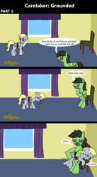 Size: 1920x3516 | Tagged: safe, artist:platinumdrop, derpy hooves, oc, oc:anon, oc:anon stallion, pegasus, pony, comic:caretaker: grounded, series:caretaker, g4, 3 panel comic, abuse, alone, angry, avoiding eye contact, bedroom, bipedal, blanket, bound wings, butt, caretaker, chair, come here, comic, commission, crying, cuddling, curtains, derpybuse, dialogue, disciplinary action, discipline, domestic abuse, duo, duo male and female, ears back, female, flank, floppy ears, folded wings, indoors, looking at each other, looking at someone, looking away, looking down, male, mare, mouth hold, onomatopoeia, open mouth, over the knee, pain, plot, punishment, raised hoof, room, rope, sad, sad pony, scolding, series, sitting, sound effects, spanking, speech bubble, stallion, stern, stubble, talking, tears of pain, tears of sadness, teary eyes, window, wings