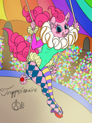Size: 1125x1500 | Tagged: safe, artist:sepiakeys, pinkie pie, earth pony, anthro, unguligrade anthro, g4, clothes, jester outfit, leotard, ruff (clothing), solo