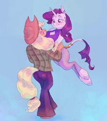 Size: 1500x1700 | Tagged: safe, artist:abbytabbys, applejack, rarity, earth pony, pony, unicorn, anthro, unguligrade anthro, g4, applejack's hat, beauty mark, blonde mane, blonde tail, blushing, boob window, clothes, cowboy hat, denim, ear piercing, earring, eyeshadow, female, flannel, flannel shirt, gradient background, green eyes, hat, holding, horn, jeans, jewelry, leonine tail, lesbian, looking at each other, looking at someone, looking down, looking up, makeup, mare, pants, piercing, ponytail, purple eyes, ringlets, ship:rarijack, shipping, smiling, smiling at each other, tail, tail jewelry, tied hair, tied tail, wavy mane, wavy tail