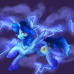 Size: 2048x2048 | Tagged: artist needed, source needed, safe, oc, oc:blue thunder, alicorn, pony, alicorn oc, horn, lightning, solo, thunderstorm, wings