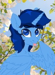 Size: 442x602 | Tagged: source needed, safe, artist:cherrypurr, oc, oc:blue thunder, alicorn, pony, alicorn oc, flower, horn, male, solo, stallion, tongue out, wings