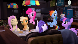 Size: 3840x2160 | Tagged: safe, artist:owlpirate, applejack, derpy hooves, fluttershy, pinkie pie, rainbow dash, rarity, twilight sparkle, alicorn, earth pony, pegasus, pony, unicorn, g4, 3d, 4k, burger, butt, coffee mug, diner, eyes closed, female, food, french fries, high res, horn, looking at you, mane six, mare, meat, mug, open mouth, open smile, plot, ponies eating meat, sitting, smiling, smiling at you, source filmmaker, twibutt, twilight sparkle (alicorn)