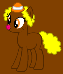 Size: 386x454 | Tagged: safe, artist:caecii, artist:spitfirethepegasusfan39, earth pony, pony, g4, adult blank flank, base used, blank flank, brown background, clothes, female, freckles, hat, little miss, little miss dotty, mare, mr. men, mr. men little miss, ponified, simple background, smiling, solo