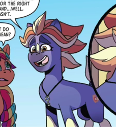 Size: 720x790 | Tagged: safe, idw, official comic, screencap, sunny starscout, tracy tailspin, earth pony, pony, g5, kenbucky roller derby #2, my little pony: kenbucky roller derby, spoiler:comic, spoiler:g5, cropped, female, mare