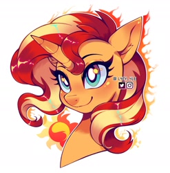 Size: 2080x2105 | Tagged: safe, artist:l4zy_4le, sunset shimmer, pony, unicorn, g4, blushing, bust, cute, ear blush, female, fire, high res, horn, looking up, mare, shimmerbetes, signature, simple background, smiling, solo, white background