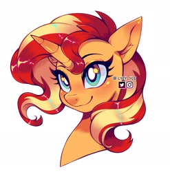 Size: 2080x2105 | Tagged: safe, alternate version, artist:l4zy_4le, sunset shimmer, pony, unicorn, g4, blushing, bust, ear blush, female, high res, horn, looking up, mare, signature, simple background, smiling, solo, white background