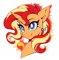 Size: 2080x2105 | Tagged: safe, alternate version, artist:l4zy_4le, sunset shimmer, pony, unicorn, g4, bust, colored, female, fiery shimmer, fire, flat colors, high res, horn, looking up, mare, signature, simple background, smiling, solo, sunshine shimmer, white background