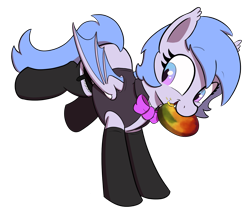 Size: 1698x1444 | Tagged: safe, artist:maretian, oc, oc only, oc:lucky roll, bat pony, pony, bowtie, clothes, fangs, female, food, garter belt, herbivore, jacket, mango, mare, simple background, smiling, socks, solo, transparent background