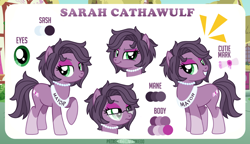 Size: 1200x689 | Tagged: safe, artist:jennieoo, oc, oc:sarah cathawulf, earth pony, pony, bored, commission, cutie mark, eye, eyes, glasses, looking at you, mayor, reference sheet, show accurate, simple background, smiling, smiling at you, smug, solo, vector