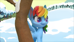 Size: 1920x1080 | Tagged: safe, edit, edited screencap, screencap, rainbow dash, pegasus, pony, g4, g4.5, ice and slice, my little pony: stop motion short, cute, smiling, snow, solo, tree