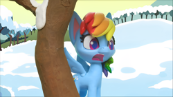 Size: 1920x1080 | Tagged: safe, edit, edited screencap, screencap, rainbow dash, pegasus, pony, g4, g4.5, ice and slice, my little pony: stop motion short, cute, snow, solo, surprised, tree