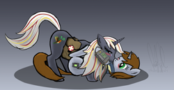 Size: 1515x779 | Tagged: safe, artist:inivonwini, oc, oc only, oc:littlepip, oc:velvet remedy, pony, unicorn, fallout equestria, bag, blushing, clothes, crying, cutie mark, fanfic, fanfic art, female, gradient background, hooves, horn, jumpsuit, kissing, lesbian, lying down, mare, medical saddlebag, oc x oc, on back, one eye closed, pipbuck, saddle bag, ship:velvetpip, shipping, simple background, vault suit