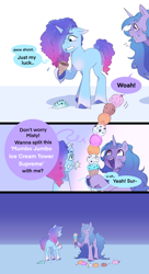 Size: 1866x3440 | Tagged: safe, artist:aztrial, izzy moonbow, misty brightdawn, pony, unicorn, g5, bittersweet, comic, cute, dropped ice cream, duo, emanata, female, food, heartwarming, hoof hold, horn, ice cream, izzybetes, just my luck, kindness, mare, mistybetes, oh, reality ensues, rebirth misty