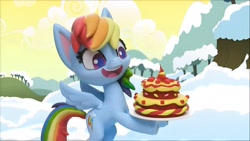 Size: 1920x1080 | Tagged: safe, edit, edited screencap, screencap, rainbow dash, pegasus, pony, g4, g4.5, ice and slice, my little pony: stop motion short, cake, cute, food, smiling, snow, solo, stop motion