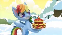 Size: 1920x1080 | Tagged: safe, edit, edited screencap, screencap, rainbow dash, pegasus, pony, g4, g4.5, ice and slice, my little pony: stop motion short, cake, cute, female, food, grin, mare, smiling, snow, solo, stop motion