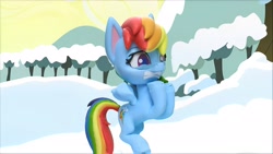 Size: 1920x1080 | Tagged: safe, edit, edited screencap, screencap, rainbow dash, pegasus, pony, g4, g4.5, ice and slice, my little pony: stop motion short, cringing, cute, female, flying, gritted teeth, mare, oops, snow, solo, stop motion, teeth