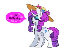 Size: 990x714 | Tagged: dead source, safe, artist:cutesykill, rarity, pony, g4, beanbrows, colored eyebrows, eyebrows, eyes closed, eyeshadow, female, flower, hat, horn, makeup, mare, profile, purple mane, purple tail, ringlets, simple background, smiling, solo, speech bubble, standing, sun hat, tail, text, thick eyelashes, wavy mane, wavy tail, white background, white coat