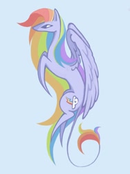 Size: 600x800 | Tagged: safe, artist:pulpslow, rainbow dash, pegasus, pony, blue background, blue coat, colored muzzle, colored pinnae, female, flying, hooves in air, hooves to the chest, long mane, mare, multicolored hair, multicolored mane, multicolored tail, narrowed eyes, partially open wings, passepartout, rainbow hair, rainbow tail, simple background, solo, stylized, tail, wing fluff, wings