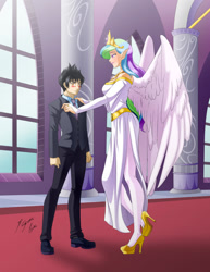 Size: 1280x1658 | Tagged: safe, artist:shinta-girl, princess celestia, human, g4, couple, crossover, duo, duo male and female, female, godzilla junior, humanized, large wings, male, winged humanization, wings