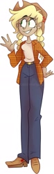 Size: 653x2094 | Tagged: safe, artist:indivirtual_, applejack, human, g4, alternate hairstyle, applejack's hat, belt, boots, clothes, cowboy boots, cowboy hat, denim, ear piercing, earring, eye clipping through hair, eyebrows, eyebrows visible through hair, female, flannel, grin, hat, humanized, jeans, jewelry, pants, piercing, shoes, simple background, smiling, solo, teeth, white background