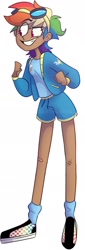Size: 653x1920 | Tagged: safe, artist:indivirtual_, rainbow dash, human, g4, alternate hairstyle, bandaid, clothes, cutie mark on clothes, ear piercing, earring, eye clipping through hair, eyebrows, eyebrows visible through hair, female, goggles, goggles on head, grin, humanized, jacket, jewelry, moderate dark skin, piercing, shoes, shorts, simple background, smiling, socks, solo, sports shorts, teeth, white background
