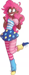 Size: 782x1995 | Tagged: safe, artist:indivirtual_, pinkie pie, human, g4, anklet, clothes, dark skin, ear piercing, earring, eyebrows, eyebrows visible through hair, female, grin, humanized, jewelry, leg warmers, magic pack, mismatched socks, piercing, shoes, simple background, skirt, smiling, socks, solo, striped socks, teeth, thigh highs, white background