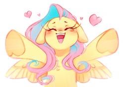 Size: 1421x1003 | Tagged: safe, artist:melodylibris, fluttershy, pegasus, pony, g4, alternate design, alternate hair color, blushing, bust, chest fluff, cute, eyelashes, eyes closed, female, floating heart, floppy ears, frog (hoof), heart, hoof heart, incoming hug, long eyelashes, mare, open mouth, open smile, pink mane, reaching, shyabetes, simple background, small wings, smiling, solo, spread wings, two toned mane, underhoof, wavy mane, white background, wing fluff, wings
