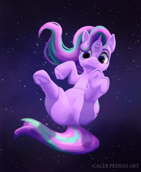 Size: 2950x3574 | Tagged: safe, artist:calebpedigo, starlight glimmer, pony, unicorn, g4, belly, butt, butt focus, chubby, featureless crotch, female, floating, frog (hoof), glimmer glutes, high res, horn, looking at you, mare, plot, round belly, smiling, smiling at you, solo, space, thighs, thunder thighs, underhoof