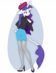 Size: 1900x2480 | Tagged: dead source, safe, artist:indivirtual_, rarity, unicorn, anthro, g4, abstract background, beatnik rarity, beret, clothes, eyeshadow, female, hat, high heels, horn, makeup, shoes, skirt, smiling, solo, stockings, sweater, thigh highs