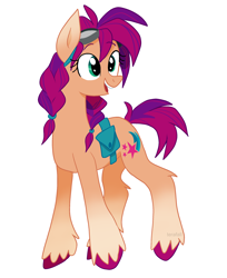 Size: 2028x2480 | Tagged: safe, artist:indivirtual_, sunny starscout, earth pony, pony, g5, alternate hairstyle, bag, braid, coat markings, eyebrows, eyebrows visible through hair, female, goggles, goggles on head, gradient legs, high res, leg fluff, mare, open mouth, open smile, simple background, smiling, socks (coat markings), solo, teeth, unshorn fetlocks, white background