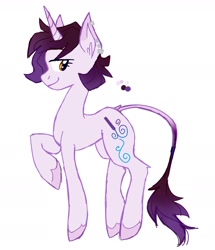 Size: 1528x1780 | Tagged: safe, artist:indivirtual_, oc, oc only, pony, unicorn, concave belly, ear piercing, hooves, horn, long legs, long tail, piercing, raised hoof, simple background, slender, smiling, solo, tail, thin, unshorn fetlocks, white background