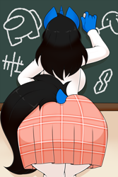 Size: 1020x1530 | Tagged: safe, artist:kloudmutt, oc, oc only, oc:klodette, unicorn, anthro, amogus, among us, ass, black hair, black tail, blue body, blue fur, breasts, butt, chalkboard, clothes, cool s, dock, female, kilroy was here, loss (meme), meme, multiple variants, rear view, rearboob, skirt, solo, stockings, tail, thigh highs