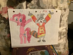 Size: 3264x2448 | Tagged: safe, artist:polorenzielephant, pinkie pie, earth pony, pony, raccoon, g4, 2012, artifact, bert raccoon, bipedal, drawing, female, lined paper, male, mare, the raccoons, traditional art