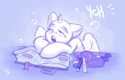 Size: 4096x2643 | Tagged: safe, artist:amishy, alicorn, pony, bag, book, commission, eraser, eyes closed, open mouth, pencil, ruler, school bag, sleeping, solo, teary eyes, your character here