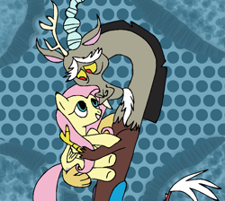 Size: 827x741 | Tagged: safe, artist:mojo1985, discord, fluttershy, draconequus, pegasus, pony, g4, to where and back again, abstract background, female, holding a pony, hug, looking at each other, looking at someone, male, mare, requested art