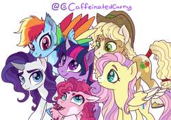 Size: 1179x830 | Tagged: safe, artist:caffeinatedcarny, applejack, fluttershy, pinkie pie, rainbow dash, rarity, twilight sparkle, earth pony, pegasus, pony, unicorn, g4, alternate design, applejack's hat, bucktooth, cheek fluff, coat markings, colored hooves, colored wings, countershading, cowboy hat, cute, dappled, ear fluff, eyebrows, facial markings, fangs, freckles, gradient mane, group shot, hat, horn, horseshoes, kin, markings, mealy mouth (coat marking), open mouth, open smile, redesign, redraw, simple background, slit pupils, smiling, smirk, socks (coat markings), splotches, star (coat marking), tail, tail feathers, tail wrap, tooth gap, transparent background, twiabetes, unicorn twilight, unshorn fetlocks, wing freckles, wings
