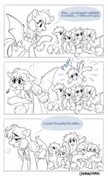 Size: 2100x3439 | Tagged: safe, artist:opalacorn, oc, oc only, oc:afina rye, bat pony, pony, unicorn, bat pony oc, black and white, commission, female, grayscale, group, mare, monochrome, onomatopoeia, simple background, spread wings, sweat, white background, wings