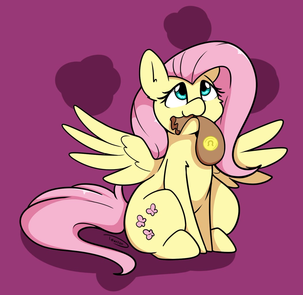 [bag,bits,cute,female,fluttershy,mare,mouth hold,pegasus,pony,safe,simple background,sitting,solo,wings,shyabetes,money bag,spread wings,cheek fluff,purple background,artist:taurson]