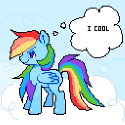 Size: 1024x1024 | Tagged: safe, artist:xxk1ttyl1tterxx, rainbow dash, pegasus, pony, g4, cloud, female, folded wings, lidded eyes, light blue background, mare, missing cutie mark, on a cloud, pixel art, simple background, solo, standing on a cloud, text, thought bubble, wings