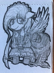 Size: 3024x4032 | Tagged: safe, artist:feenadot, fluttershy, pegasus, g4, clothes, cosplay, costume, cute, female, floppy ears, flying, goth, gothic lolita, lolita fashion, looking offscreen, margaret moonlight, monochrome, nmh, no more heroes, reference, reference to another series, scythe, shyabetes, solo, spread wings, traditional art, weapon, wings