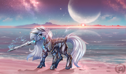 Size: 4080x2412 | Tagged: safe, artist:rensaio, oc, oc only, oc:lance frostfire, unicorn, armor, armored pony, beach, horn, magic, male, moon, mouth hold, ocean, plate armor, solo, sword, unicorn oc, water, weapon