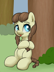 Size: 3000x4000 | Tagged: safe, artist:dumbwoofer, heidi hay, earth pony, pony, g4, :p, braid, braided tail, bush, cute, ear fluff, female, filly, foal, forest, heidibetes, nature, playing with hair, sitting, solo, tail, tongue out, tree