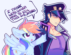 Size: 1280x994 | Tagged: safe, artist:acid-fangs, rainbow dash, human, pegasus, g4, anime, duo, duo male and female, female, frown, i think we're gonna have to kill this guy, jojo's bizarre adventure, jotaro kujo, male, mare, meme, outline, raised hoof, simple background, white background