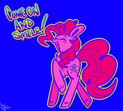 Size: 1239x1117 | Tagged: safe, artist:acid-fangs, pinkie pie, earth pony, pony, g4, blue background, eyestrain warning, female, mare, raised hoof, saturated, simple background, smiling, text