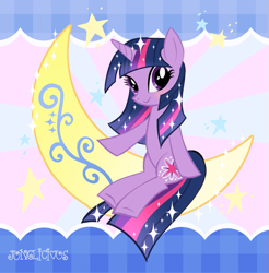 Size: 965x981 | Tagged: safe, artist:junglicious64, twilight sparkle, unicorn, g4, crescent moon, female, mare, moon, sitting, sitting on the moon, smiling, solo, sparkles, sparkly mane, stars, tangible heavenly object, unicorn twilight