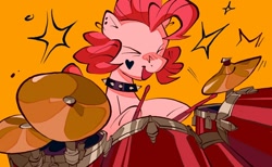 Size: 1280x786 | Tagged: safe, artist:lound, pinkie pie, earth pony, pony, g4, collar, drum kit, drums, drumsticks, ear piercing, eyes closed, female, mare, musical instrument, orange background, piercing, simple background, solo, spiked collar, tattoo