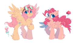 Size: 1898x1083 | Tagged: safe, artist:mirtash, fluttershy, pinkie pie, pegasus, pony, g4, alternate hairstyle, alternate universe, bandaid, bandaid on nose, chest fluff, cute, diapinkes, duo, duo female, female, glasses, goggles, leg fluff, open mouth, pegasus pinkie pie, race swap, raised hoof, shyabetes, simple background, white background