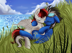 Size: 2777x2046 | Tagged: safe, artist:pridark, oc, oc only, pegasus, pony, duo, eyes closed, goggles, goggles on head, grass, lying down, ocean, on back, sky, snuggling, water