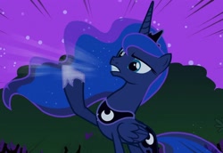 Size: 1570x1080 | Tagged: safe, screencap, princess luna, alicorn, pony, g4, luna eclipsed, concave belly, crown, ethereal mane, ethereal tail, female, folded wings, hoof shoes, jewelry, lidded eyes, mare, night, outdoors, peytral, princess shoes, raised hoof, regalia, sky, slender, solo, standing, tail, teeth, thin, traditional royal canterlot voice, tree, wings