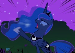 Size: 1521x1080 | Tagged: safe, screencap, princess luna, alicorn, pony, g4, luna eclipsed, season 2, cropped, ethereal mane, ethereal tail, eyes closed, female, folded wings, hoof shoes, jewelry, mare, night, open mouth, peytral, princess shoes, raised hoof, solo, sparkly mane, sparkly tail, speed lines, tail, tiara, traditional royal canterlot voice, wings